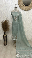 Linen Unstitched Suit Set With Applique Work