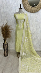 Tissue Linen Unstitched Suit Set With Resham Thread Embroidery