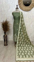 Jamdani Linen Unstitched Suit Set With Leaf Motifs
