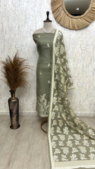 Jamdani Linen Unstitched Suit Set With Leaf Motifs