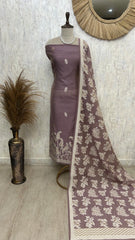 Jamdani Linen Unstitched Suit Set With Leaf Motifs