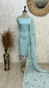 Mul Unstitched Suit Set With Flamingo Motif On Hemline