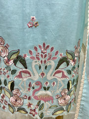 Mul Unstitched Suit Set With Flamingo Motif On Hemline