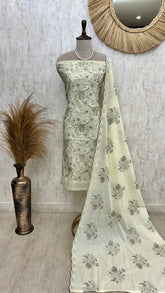 Cotton Unstitched Suit Set Thread Embroidery