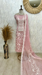 Chiffon Organza Unstitched Suit Set With Lucknowi Work