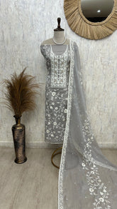 Chiffon Organza Unstitched Suit Set With Lucknowi Work