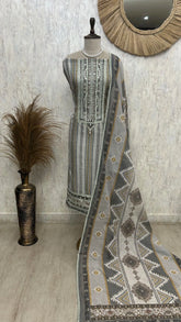 Linen Unstitched Suit Set With Mirror Work