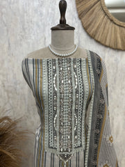 Linen Unstitched Suit Set With Mirror Work