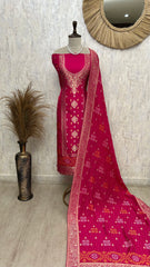 Bandhni Dola Silk Unstitched Suit Set