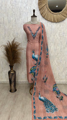 Peacock Print Linen Unstitched Suit Set