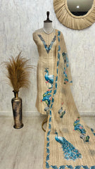 Peacock Print Linen Unstitched Suit Set