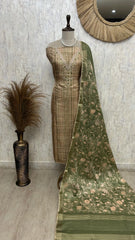 Tussar Silk Unstitched Suit Set With Embroidered Neckline