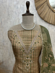 Tussar Silk Unstitched Suit Set With Embroidered Neckline