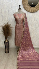 Tussar Silk Unstitched Suit Set With Embroidered Neckline