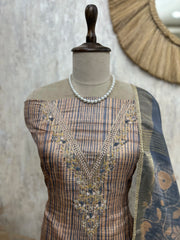 Tussar Silk Unstitched Suit Set With Embroidered Neckline