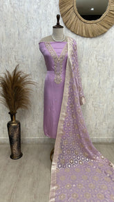 Tissue Silk Unstitched Suit Set With Embroidered V Neck