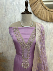 Tissue Silk Unstitched Suit Set With Embroidered V Neck