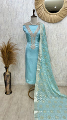 Tissue Silk Unstitched Suit Set With Embroidered V Neck