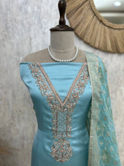 Tissue Silk Unstitched Suit Set With Embroidered V Neck