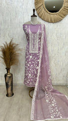 Chiffon Organza Unstitched Suit Set With Lucknowi Work