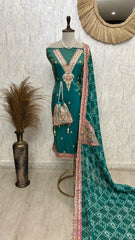 Tissue Unstitched Suit Set With Embroidered Neckline