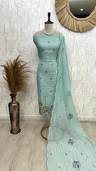 Mul Unstitched Suit Set With Cross-Stitch On Hemline