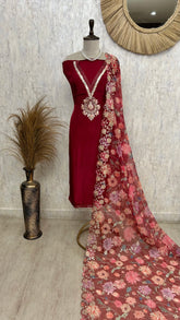 Crepe Unstitched Suit Set With Floral Organza Dupatta