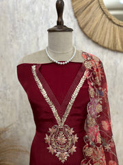 Crepe Unstitched Suit Set With Floral Organza Dupatta