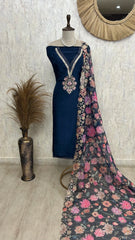 Crepe Unstitched Suit Set With Floral Organza Dupatta