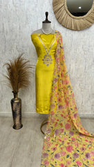 Crepe Unstitched Suit Set With Floral Organza Dupatta