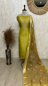 Tissue Unstitched Suit Set With Zardozi Neckline