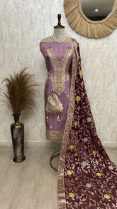 Tissue Unstitched Suit Set With Vine Pattern