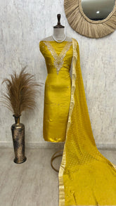 Tissue Silk Unstitched Suit Set With Embroidered V-Neck