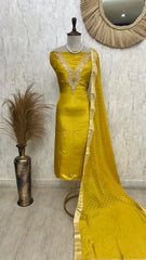 Tissue Silk Unstitched Suit Set With Embroidered V-Neck