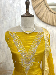 Tissue Silk Unstitched Suit Set With Embroidered V-Neck