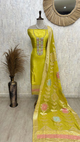 Tissue Silk Unstitched Suit Set With Organza Dupatta