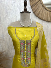 Tissue Silk Unstitched Suit Set With Organza Dupatta