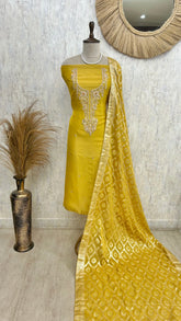 Zardozi Neckline Banarasi Dupatta Tissue Unstitched Suit Set