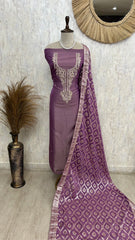 Zardozi Neckline Banarasi Dupatta Tissue Unstitched Suit Set