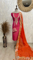 Crush Tissue Unstitched Suit Set With Zari Embroidery