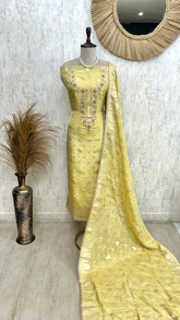 Tissue Unstitched Suit Set With Zardozi U-Neck