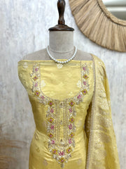 Tissue Unstitched Suit Set With Zardozi U-Neck