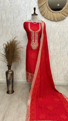 Bandhani Concept On Dola Silk Unstitched Suit Set