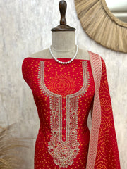 Bandhani Concept On Dola Silk Unstitched Suit Set