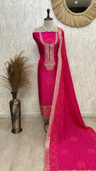 Bandhani Concept On Dola Silk Unstitched Suit Set