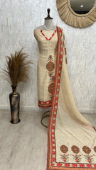 Linen Unstitched Suit Set With Kantha Embroidery