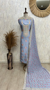 Dola Silk Unstitched Suit Set With Bandani Dupatta