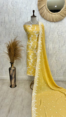 Linen Unstitched Suit Set With All-Over Thread Work