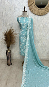 Linen Unstitched Suit Set With All-Over Thread Work