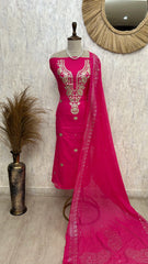 Pitta Work Mul Chanderi Unstitched Suit Set